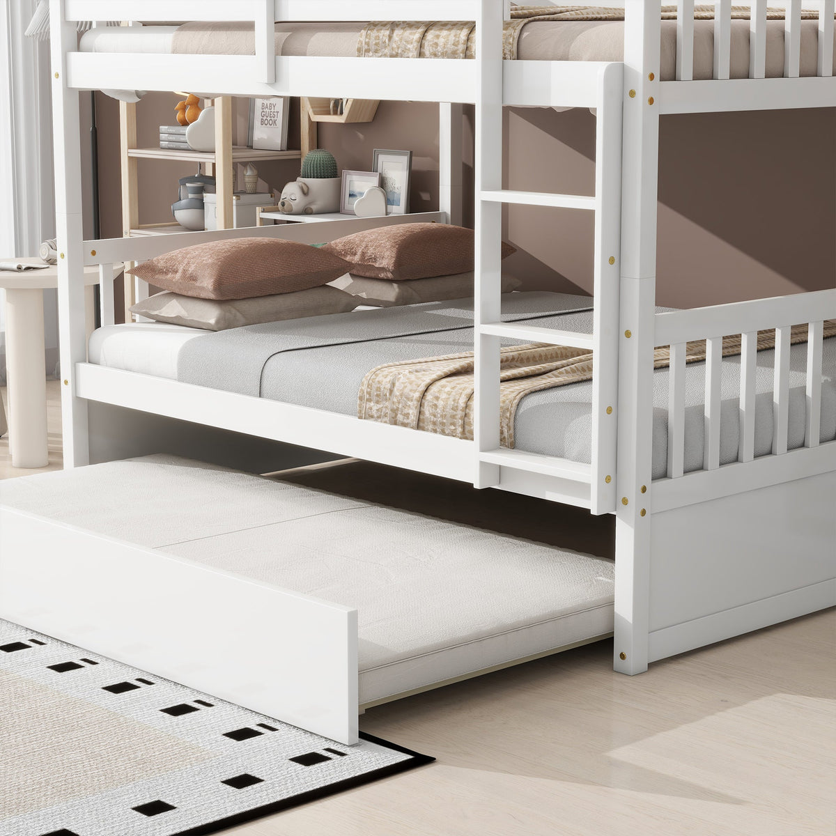 Full Over Full Rubber Wood Bunk Bed with Trundle, Ladder and Guardrails, Convertible to 2 Full Size Beds, with Twin Size Trundle,White