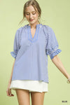 Umgee Stripe Ruffle Sleeve Split-Neck Blouse