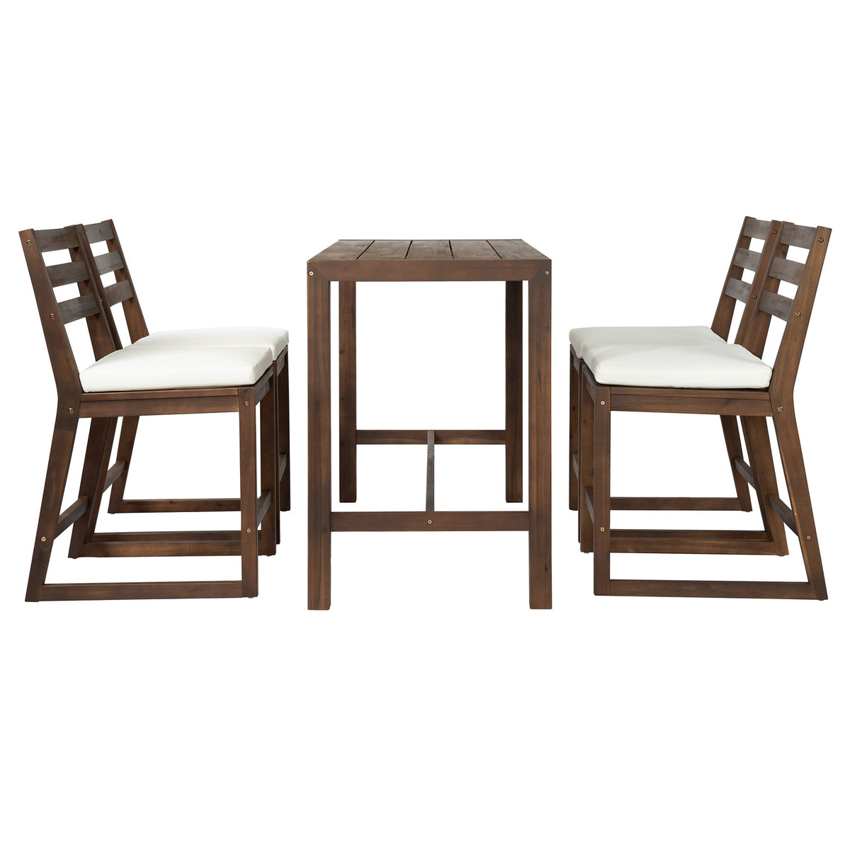 TREXM Rustic Patio Bar Set with Ergonomic Chairs, Solid Wood Slatted Tabletop in Mocha+Beige Cushion