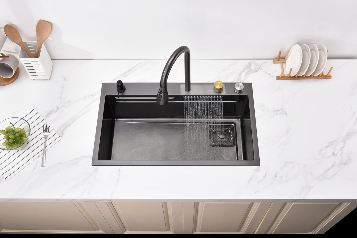 Waterfall Kitchen Sink, Stainless Steel Single Bowl in Black, Multifunctional Workstation with Flying-rain Faucet and Cutting Board, 30×18″ Stainless Steel Single Bowl Sink, LS-SSBL05