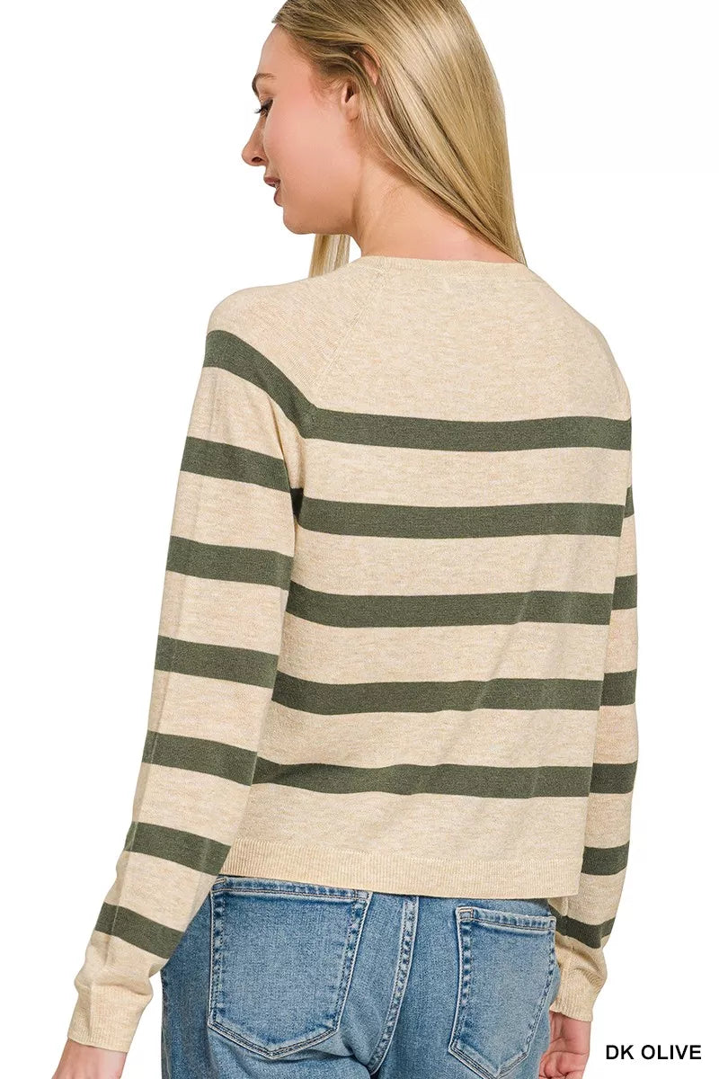 Zenana Lightweight Wool Blend Striped Round Neck Sweater