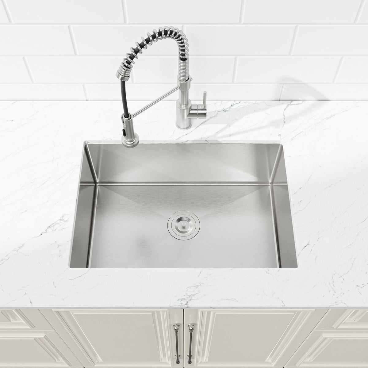 Stainless Steel Kitchen Sink, 27″x19″ Single Bowl, Undermount Handmade Sink in Brushed Nickel, with US Standard Drain and Hook, LS-SSBR06