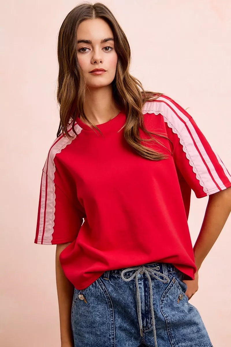 BiBi French Terry Side Lace Detail Short Sleeves Top