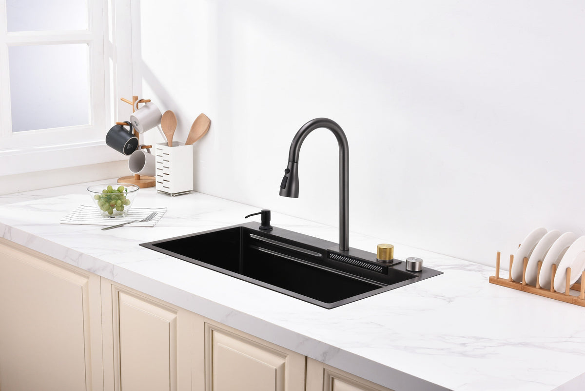 Waterfall Kitchen Sink, Stainless Steel Single Bowl in Black, Multifunctional Workstation with Flying-rain Faucet and Cutting Board, 30×18″ Stainless Steel Single Bowl Sink, LS-SSBL05