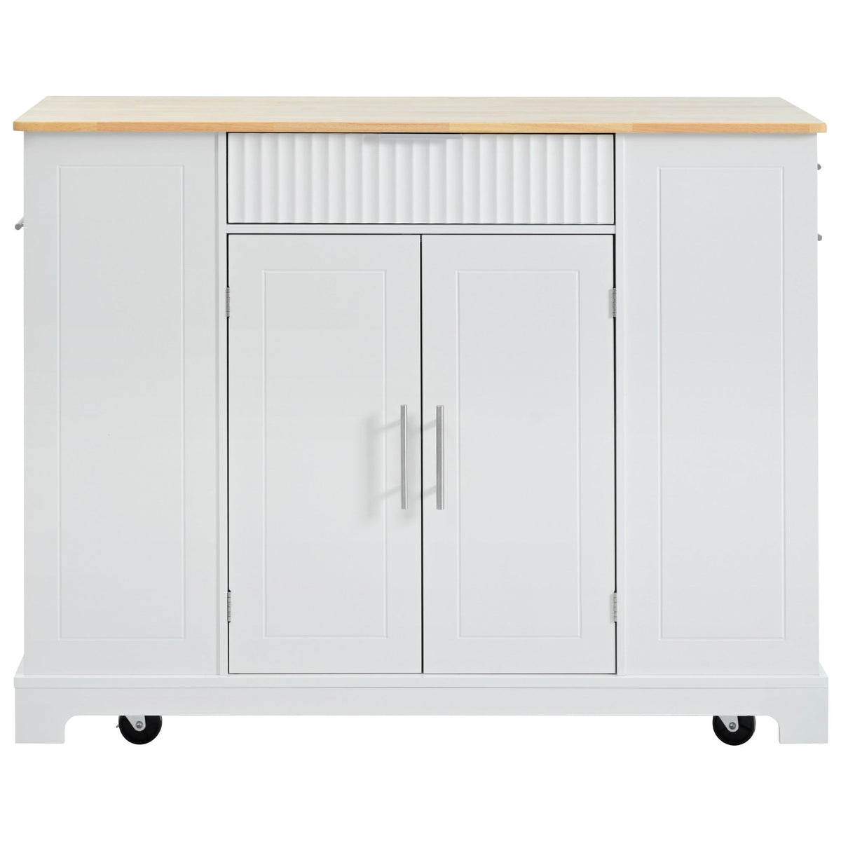 K&K Fluted Kitchen Island with Trash Can Storage Cabinet, Power Outlet, Internal Storage Rack, Rolling Kitchen Islands on 5 Wheels with 3 Drawer, 3 Open Side Racks for 10 Gallon Garbage Bin, White