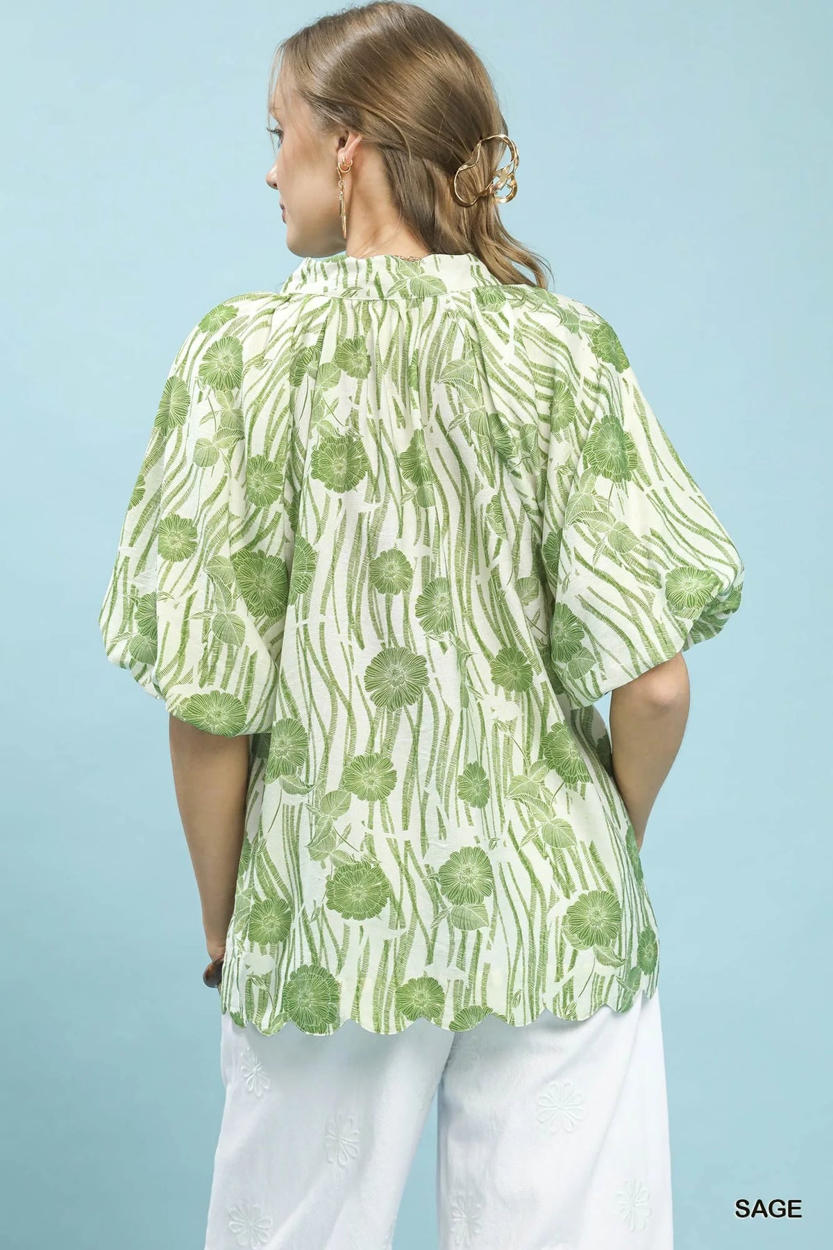 Umgee Floral Scalloped Edge Puff Sleeve Blouse with High-Low Curved Hem