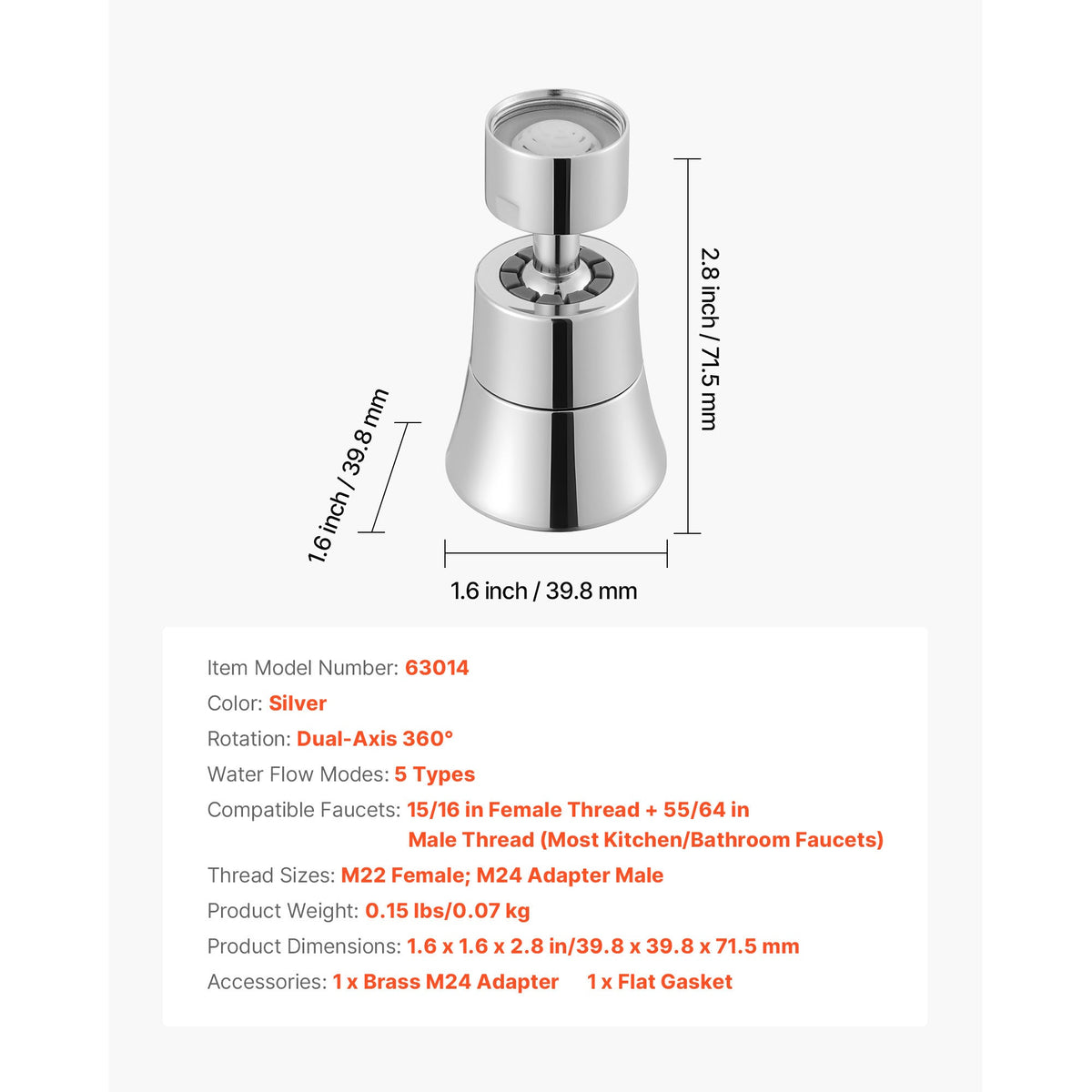Faucet Aerator 360° Swivel Kitchen Sink Aerator 5-Flow Sprayer Brass Adapter