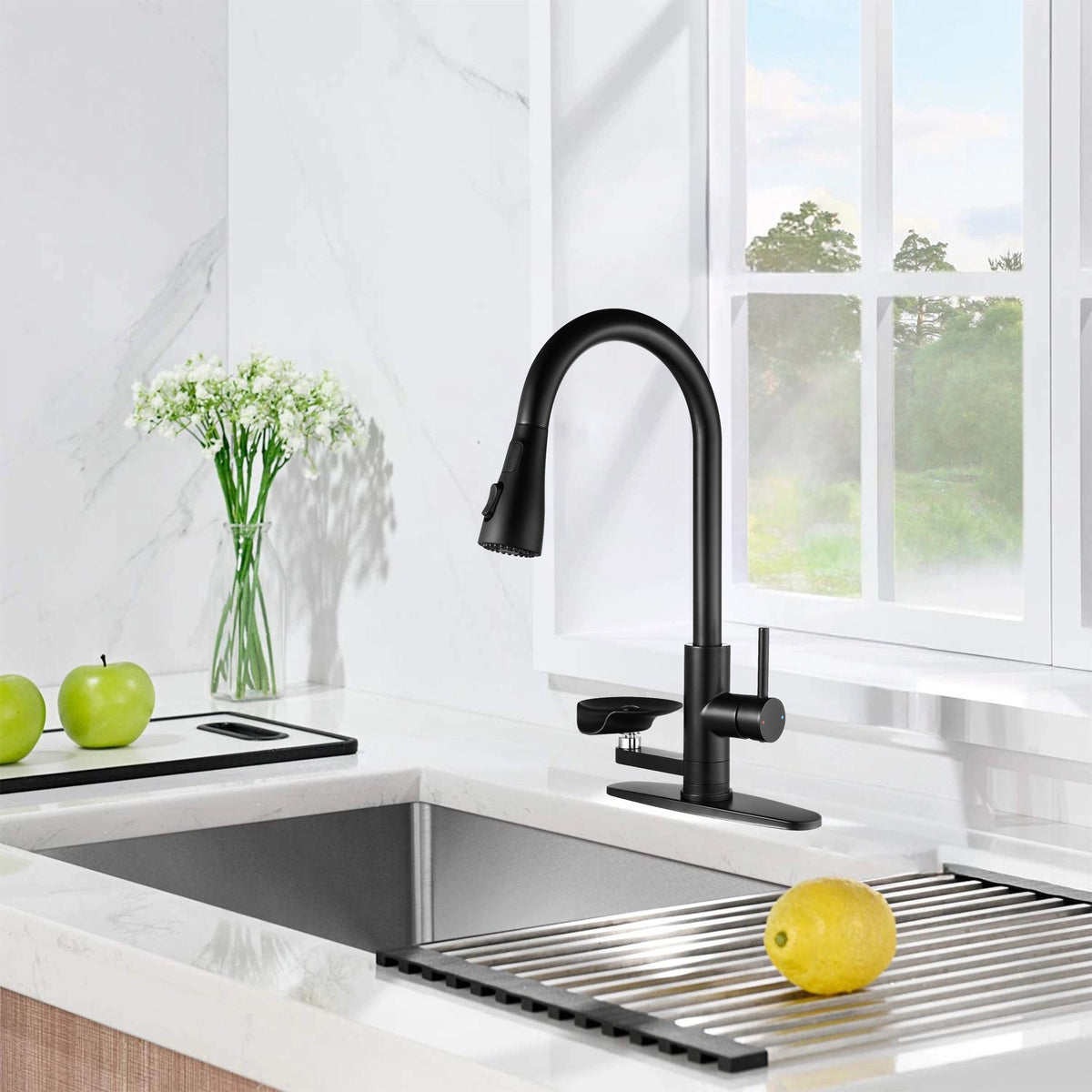 3-in-1 Matte Black Kitchen Faucet with LED Temperature Display, Press-Type Glass Rinser, Pull-Down Sprayer, 3 Spray Modes