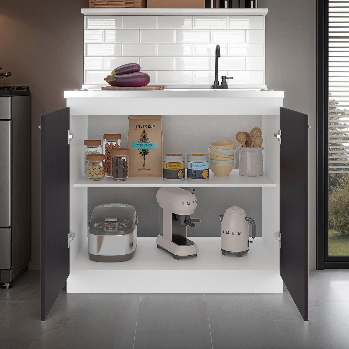 Salento Freestanding Sink, Double Door Cabinet, Two Shelves, White / Black Wengue