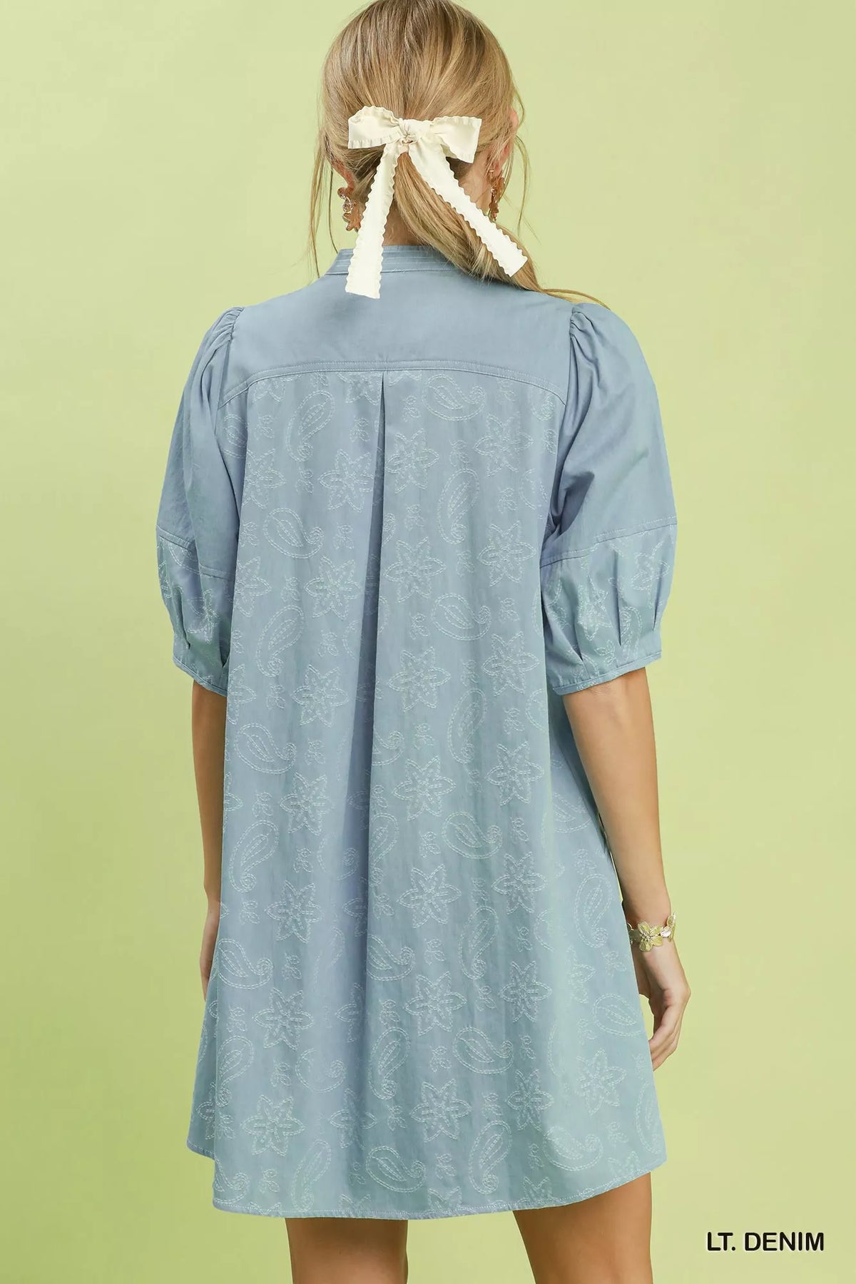 Umgee Print Denim Dress with Contrast Stitch