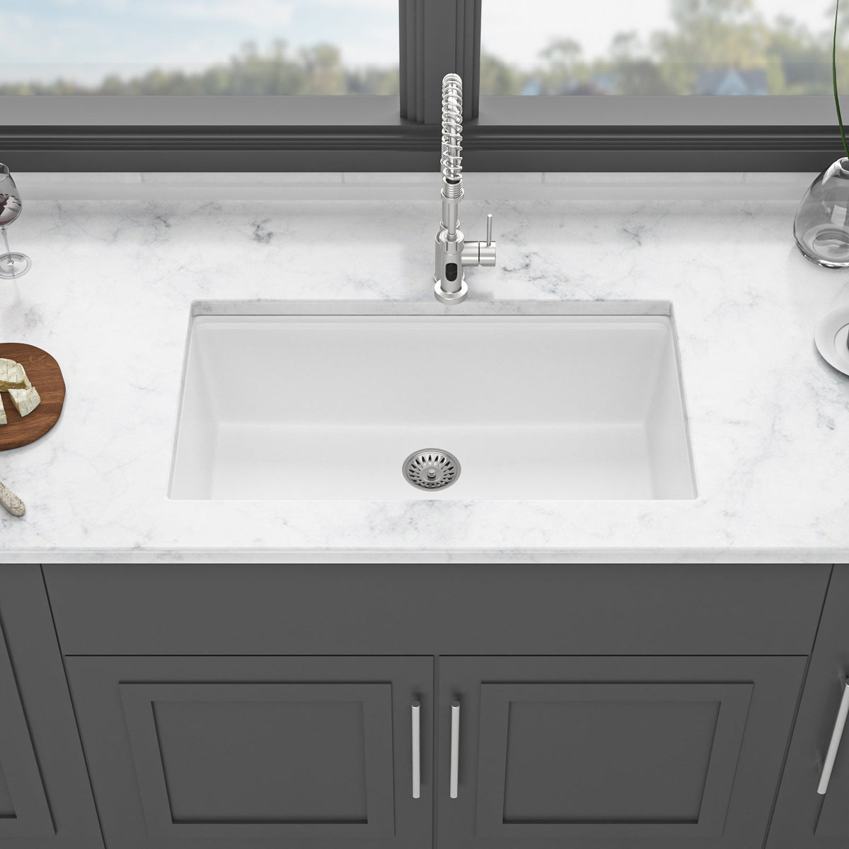 Quartz Kitchen Sink - 32' x 19' White Granite Composite Workstation Undermount Kitchen Sink