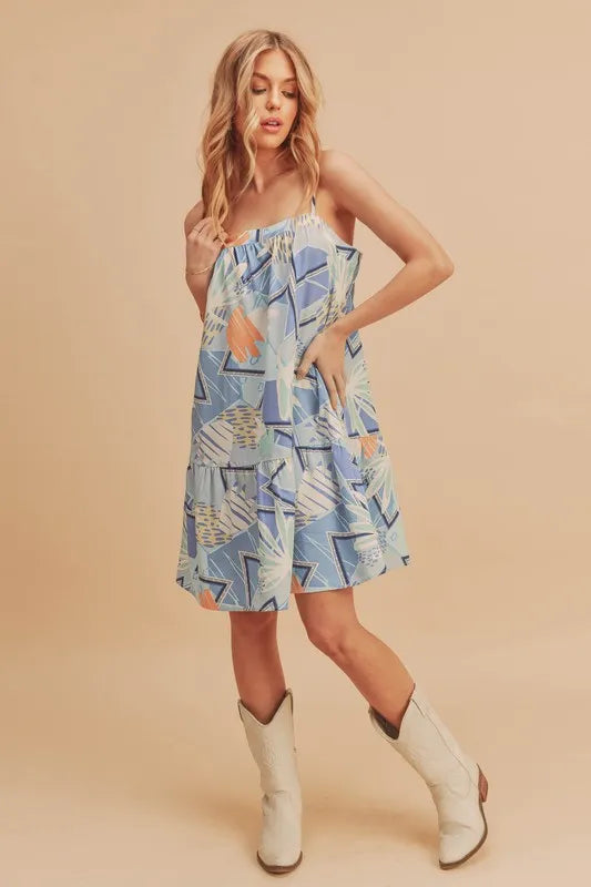 Aemi + Co Printed Ruffled Hem Square Neck Mini Cami Dress