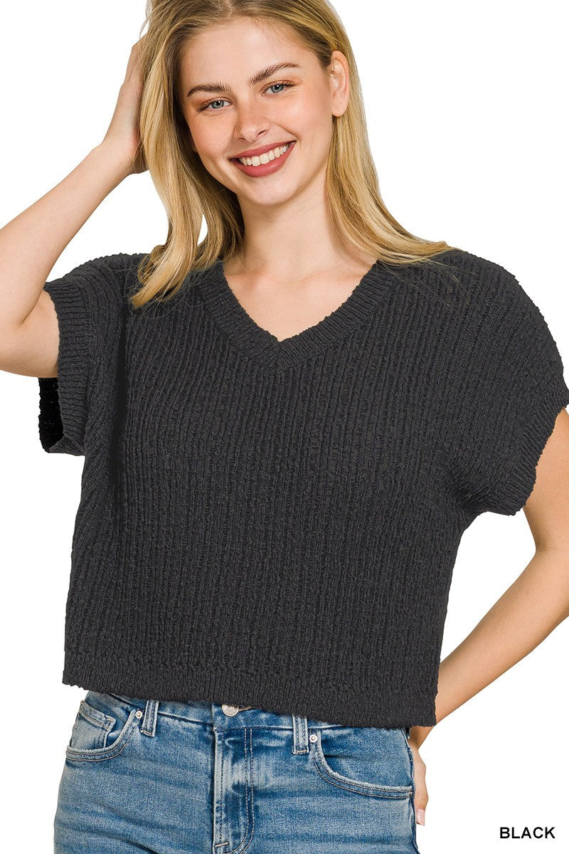 Zenana Textured Knit V-Neck Cropped Sweater