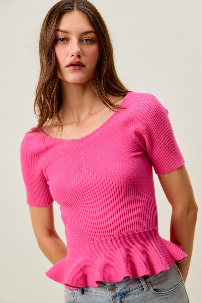 SO ME Ribbed Knit Short Sleeves Peplum Sweater Top