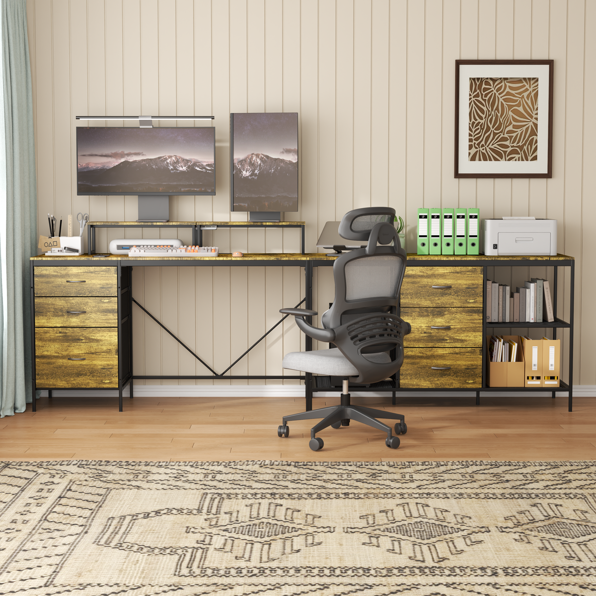 Industrial L-Shaped Computer Desk with Power Outlets & USB-C, Rustic Brown Metal Frame, 6 Fabric Drawers, 3 Open Shelves, Movable Monitor Stands, 114 Inch Corner Office Desk for Gaming and Work