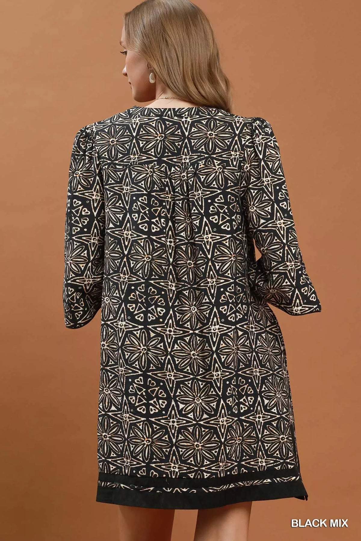 Umgee Mix Geometric Print V-Neck Tassel Detail Tunic Dress