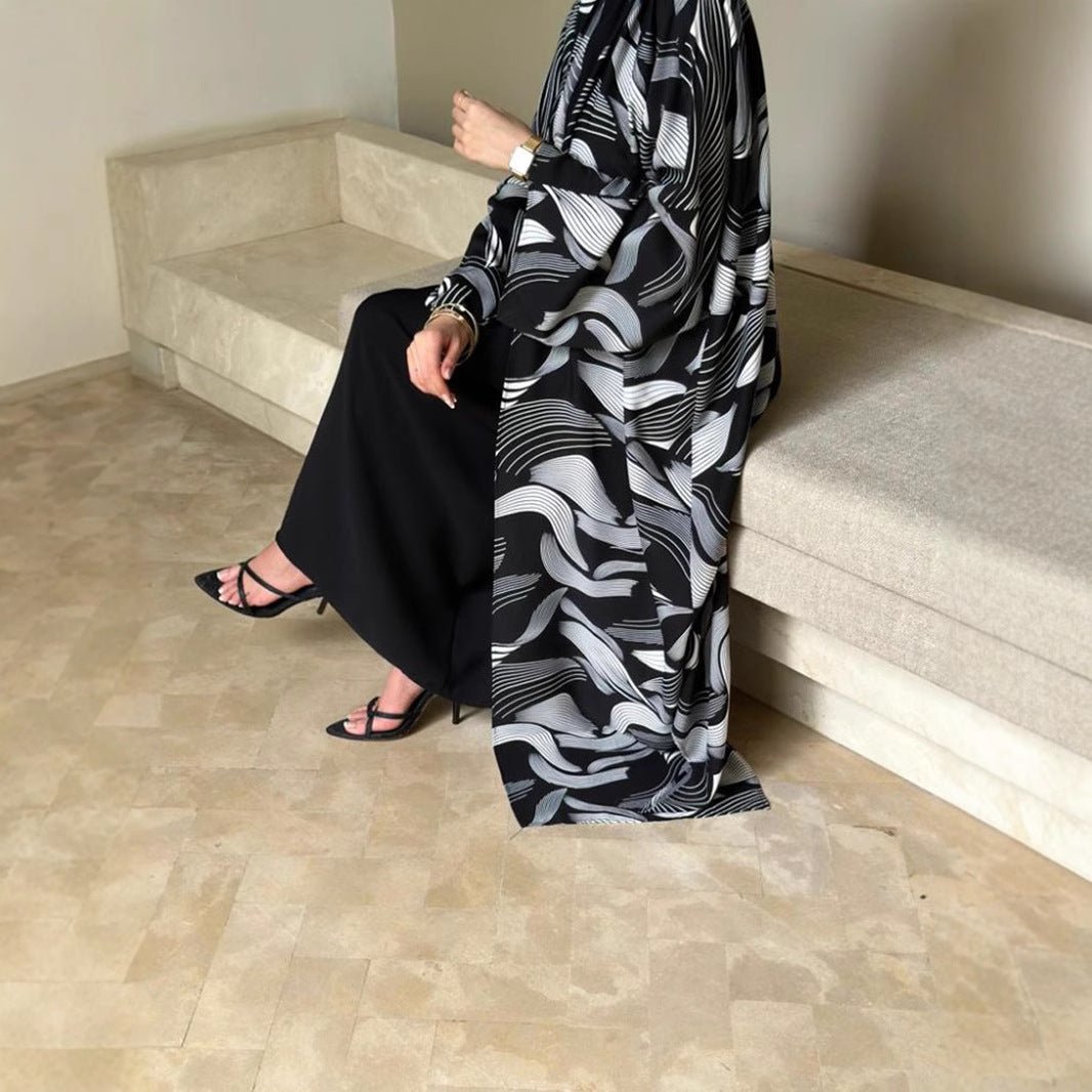 Abstract Wave Print Kimono Abaya | Oversized Open-Front Cardigan Abaya (MOA265)