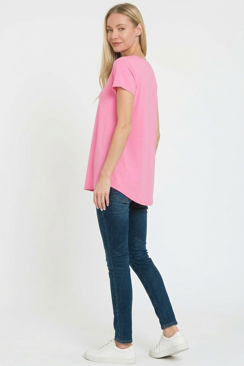 Zenana Rayon Short Sleeve V-neck Round Hem Top