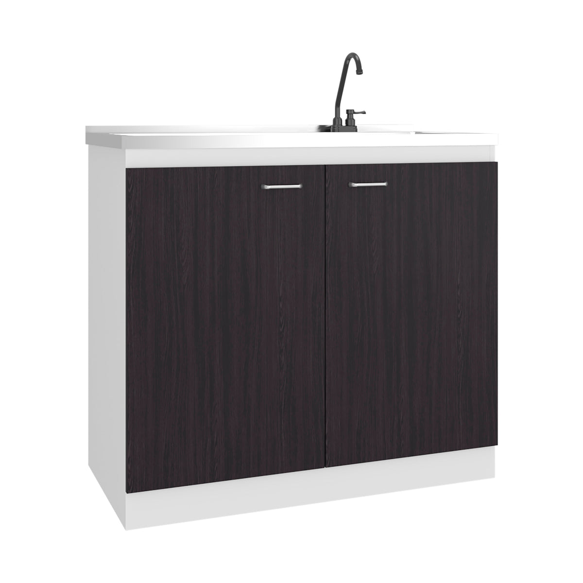 Salento Freestanding Sink, Double Door Cabinet, Two Shelves, White / Black Wengue