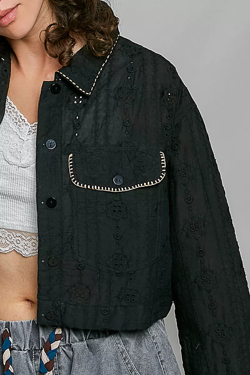 POL Cropped Button-Front Eyelet Cotton Jacket