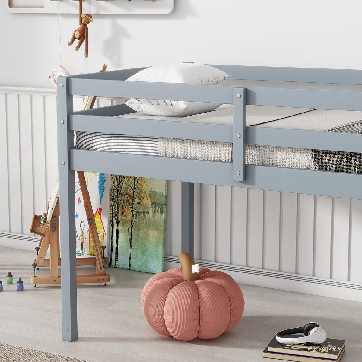 Solid Wooden, Rubber Wooden Twin Loft Bed with Ladder, Bed Platform of Strengthened Slats , Grey