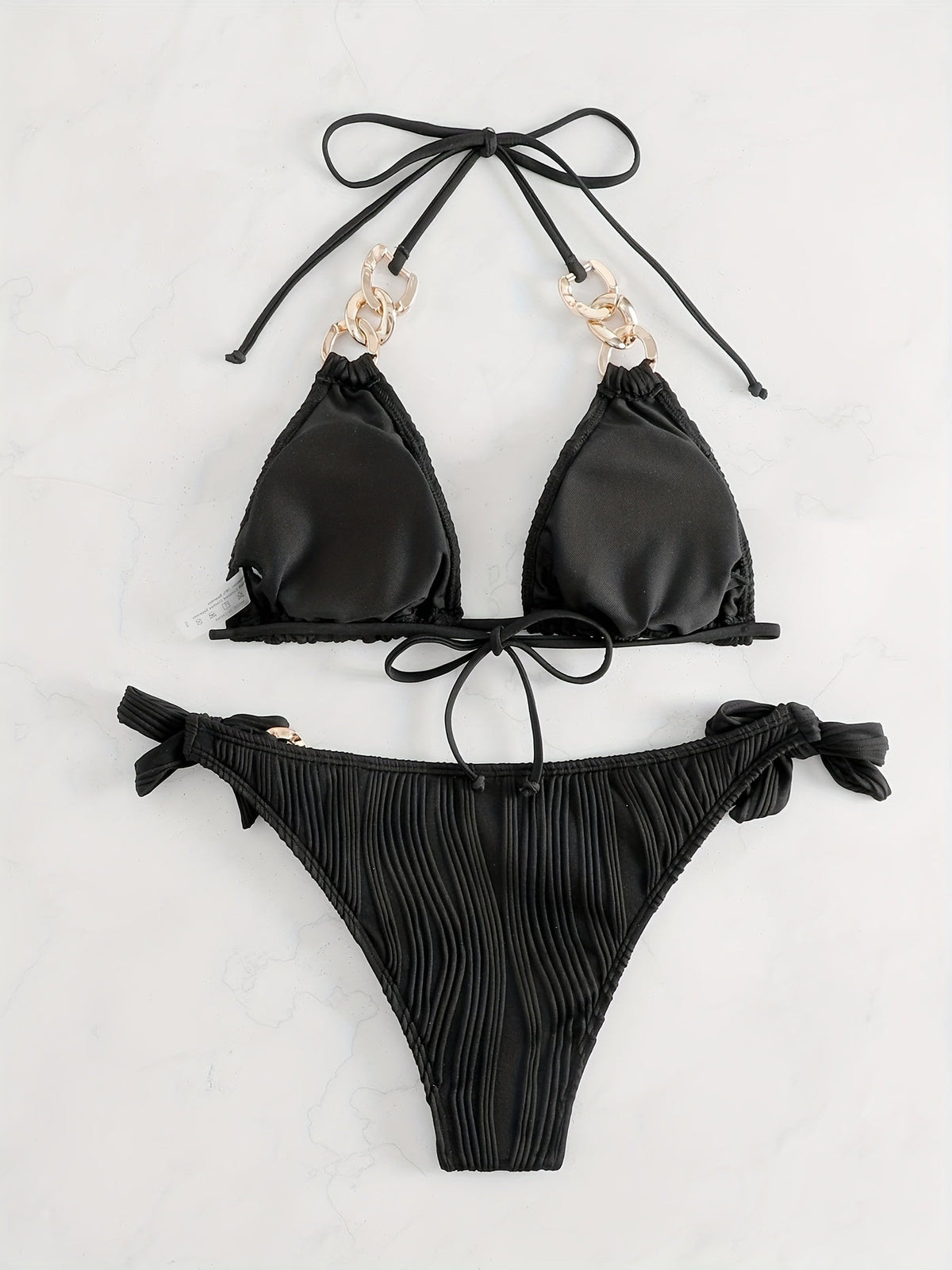 Bikini Ruched Texture Golden Chain 2 Piece Triangle Swimsuit for Women – Striped Halter Bikini Set with Bow Tie Side and Elegant Ring Link Detail – Stretchy Beachwear for Pool Bathing and Summer Vacations