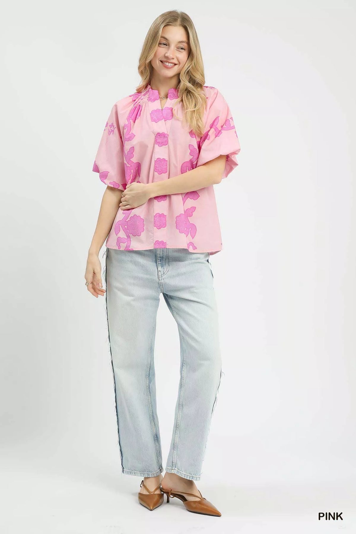 Umgee Floral Smocked Notched Puff Sleeve Blouse