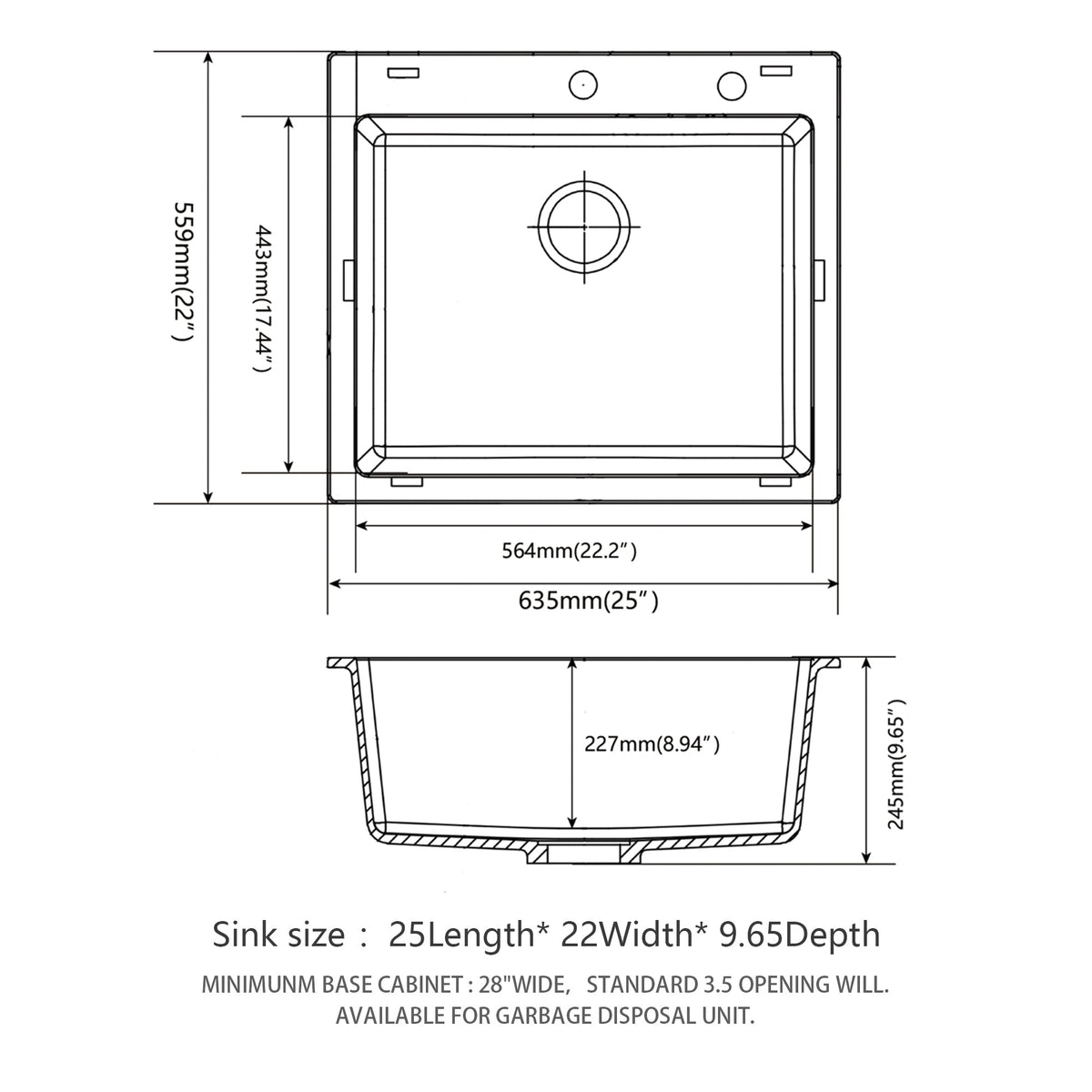 Quartz Kitchen Sink - 25 x 22 Inch Black Granite Composite Drop-In Sink