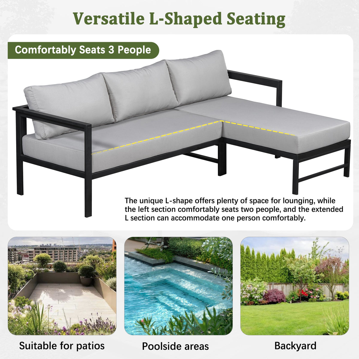 U_style Outdoor L-Shaped Sofa with Iron Frame,Weather-Resistant Patio Sofa Set with Ultra-Thick Cushions,Comfortable Seating for 3,Ideal for Patio, Balcony,and Garden