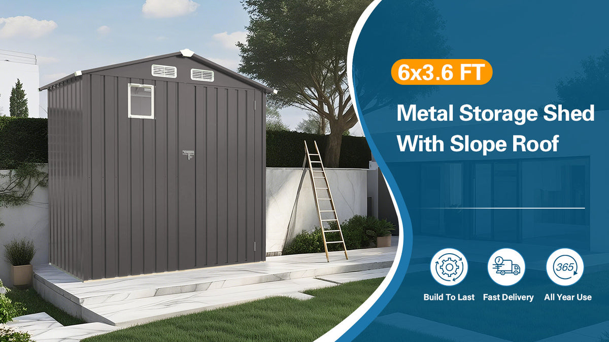 6X3.5FT Compact Metal Outdoor Storage Shed with Peaked Roof and Lockable Door, Gray,