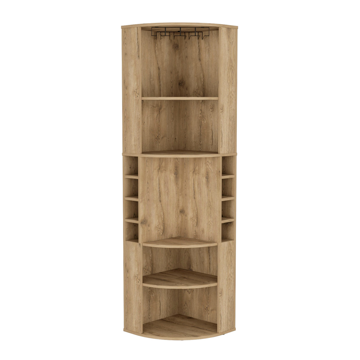 Oban Corner Bar Cabinet with Five Shelves , Eight Bottle Cubbies and Steamware Macadamia
