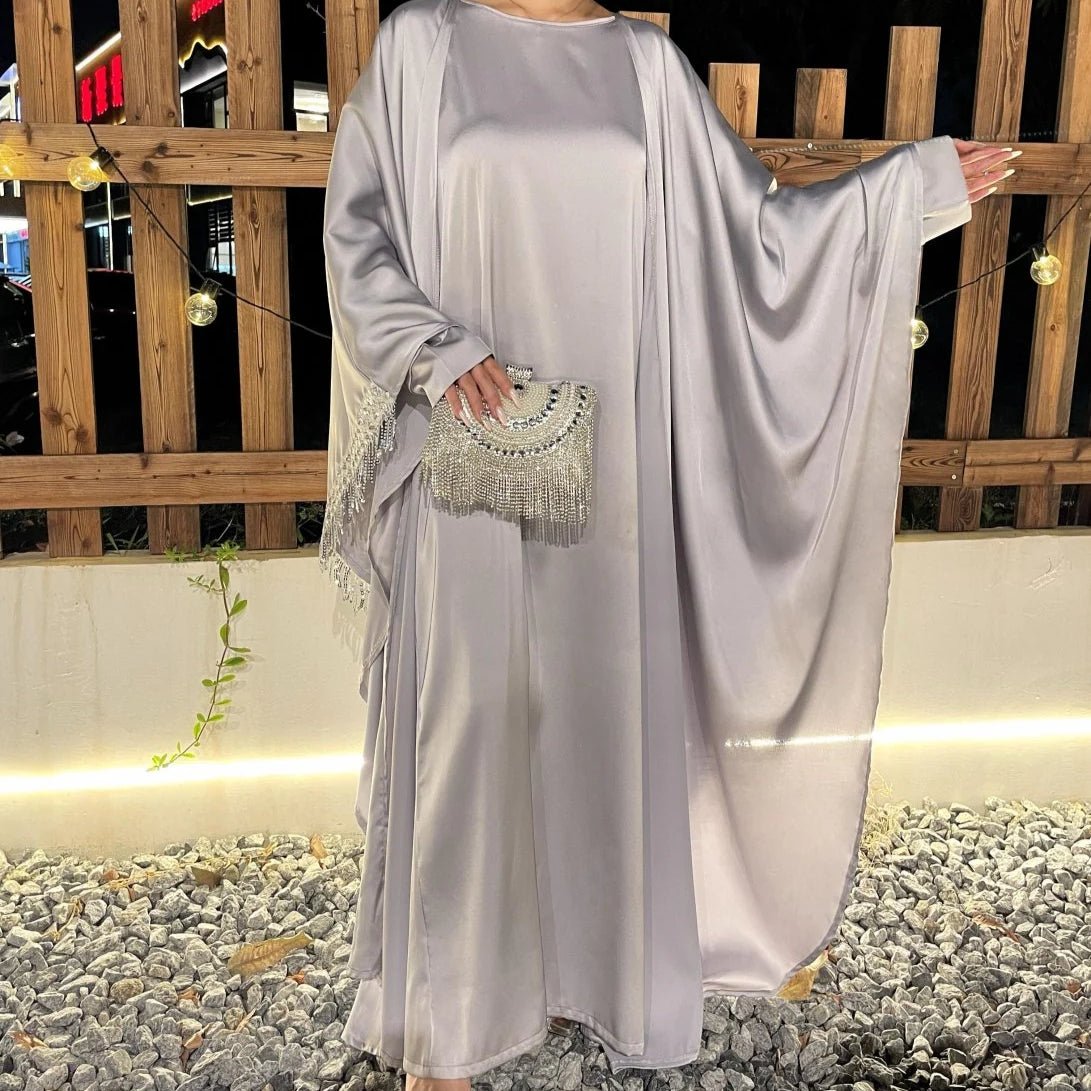 Archive Piece Lace Trimmed Fringed Butterfly Satin Open Abaya 2-Piece Set - MP041 (Size S Only)