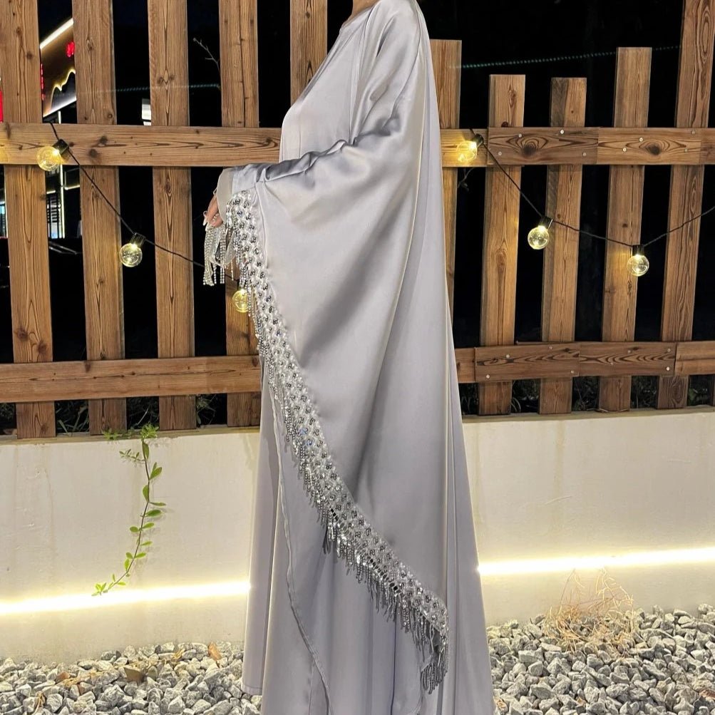 Archive Piece Lace Trimmed Fringed Butterfly Satin Open Abaya 2-Piece Set - MP041 (Size S Only)