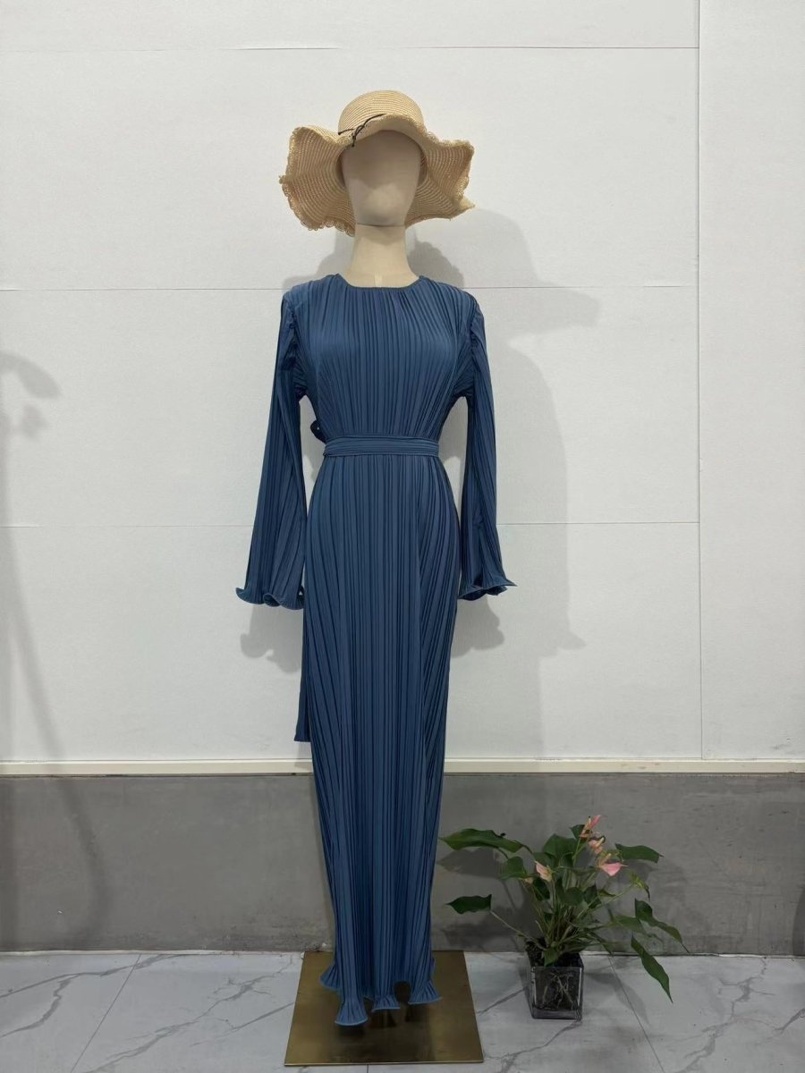 Autumn New Pleated Flared Sleeve Wedding Guest  Dress Abaya with Belt(MA193)