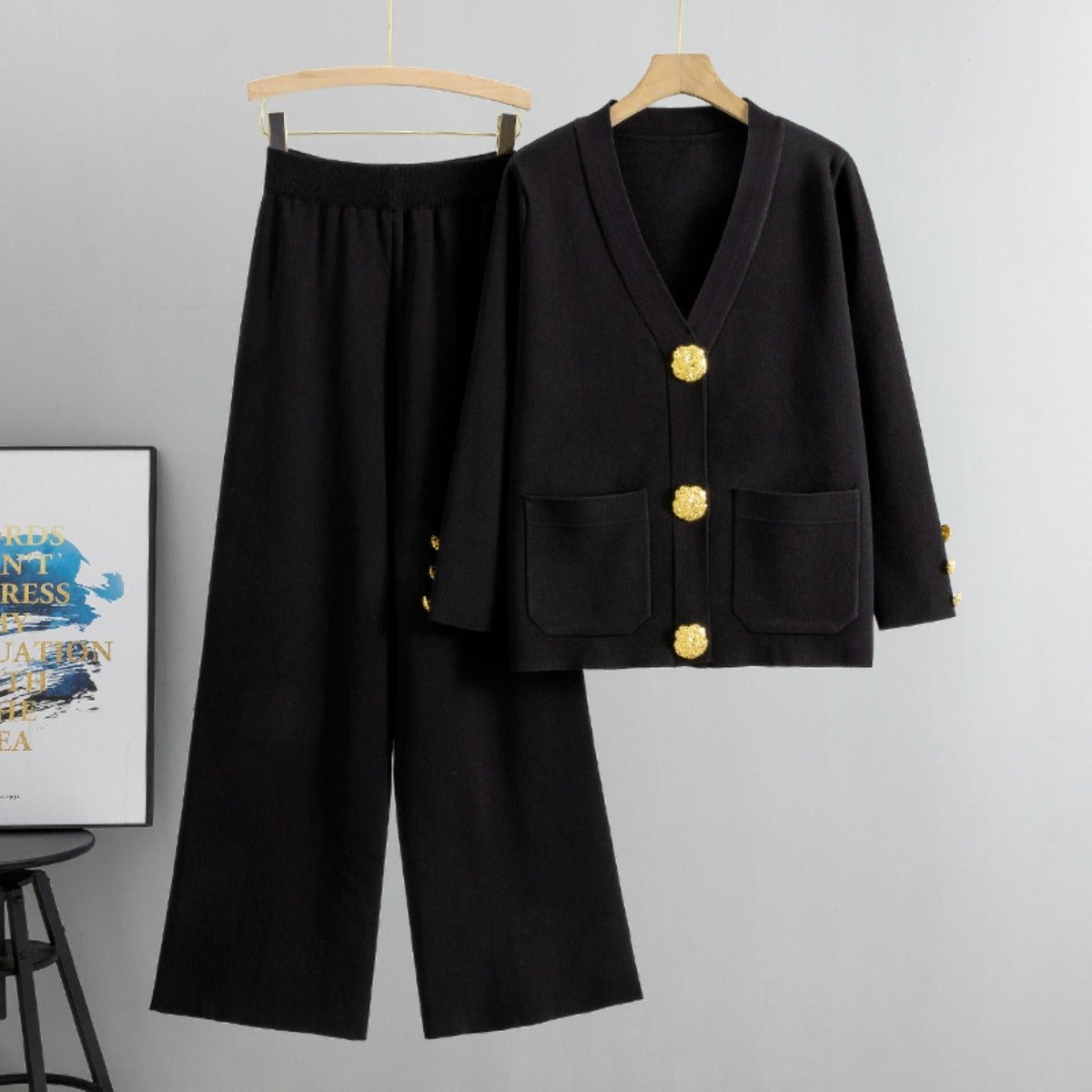 Autumn-Winter Knit V-Neck Gold Button Cardigan Two-Piece Set (MS089)