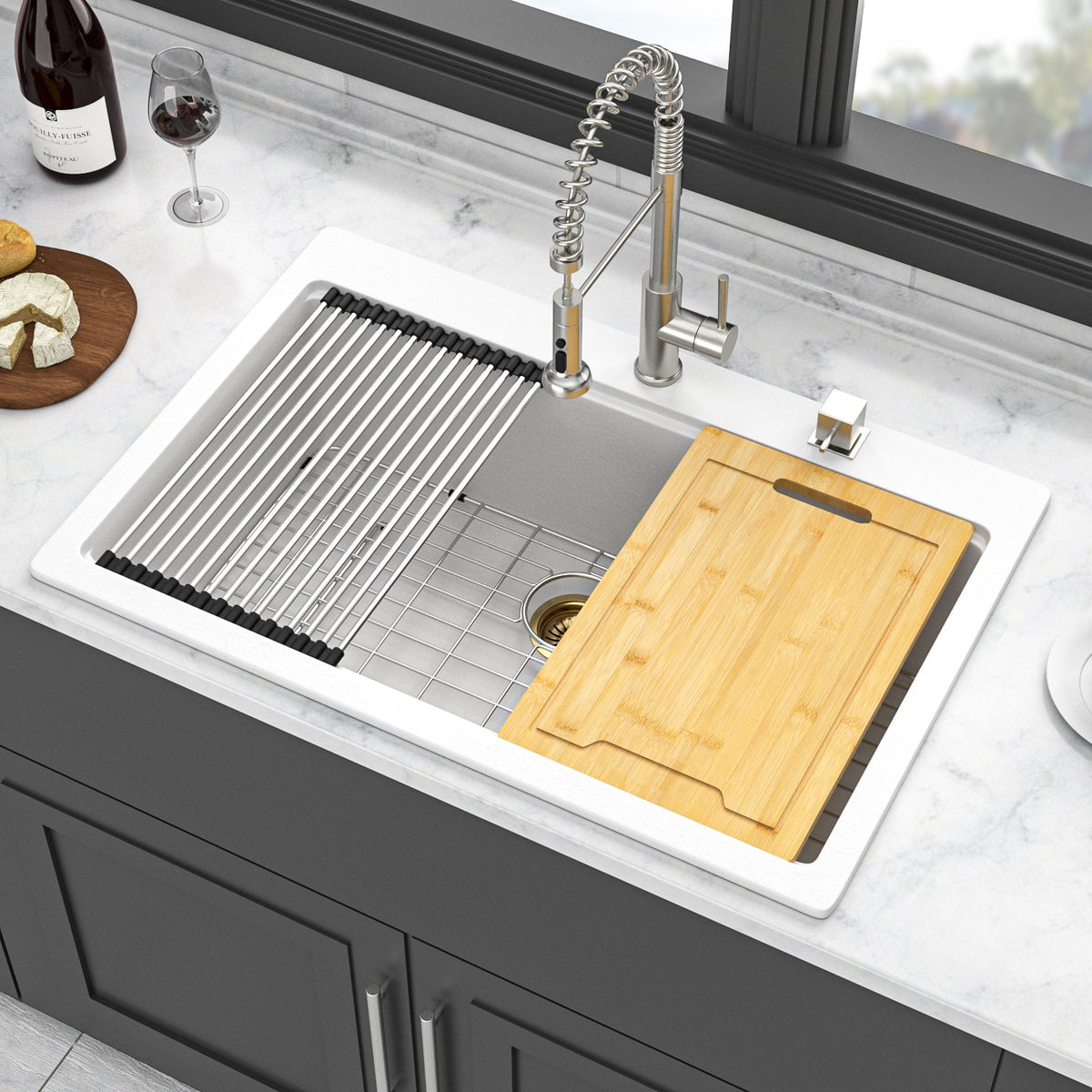 33 x 22 Inches White Granite Composite Quartz Kitchen Sink with Workstation Features and Drop-In Design