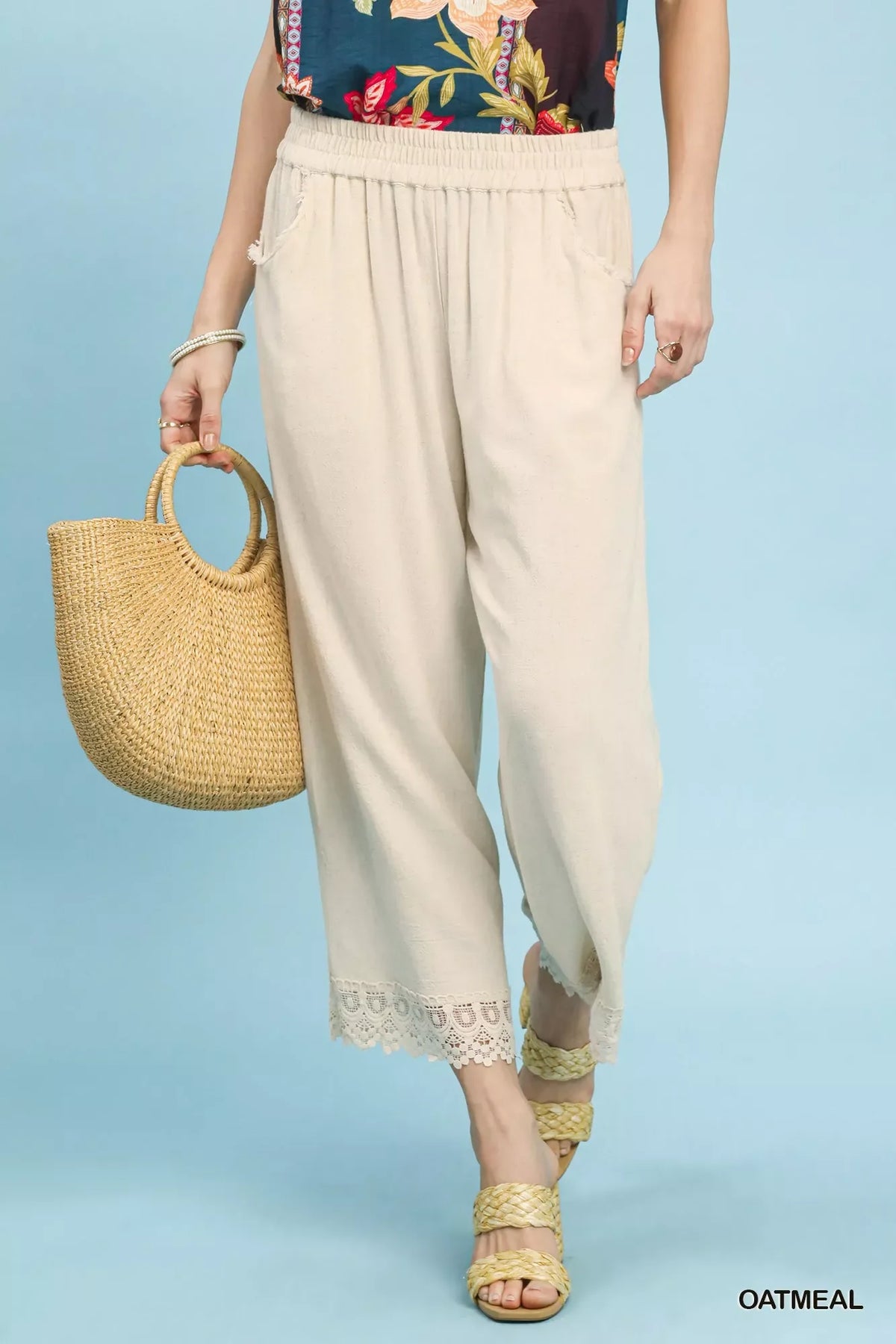 Umgee Linen Wide Leg Cropped Pants with Lace Trim
