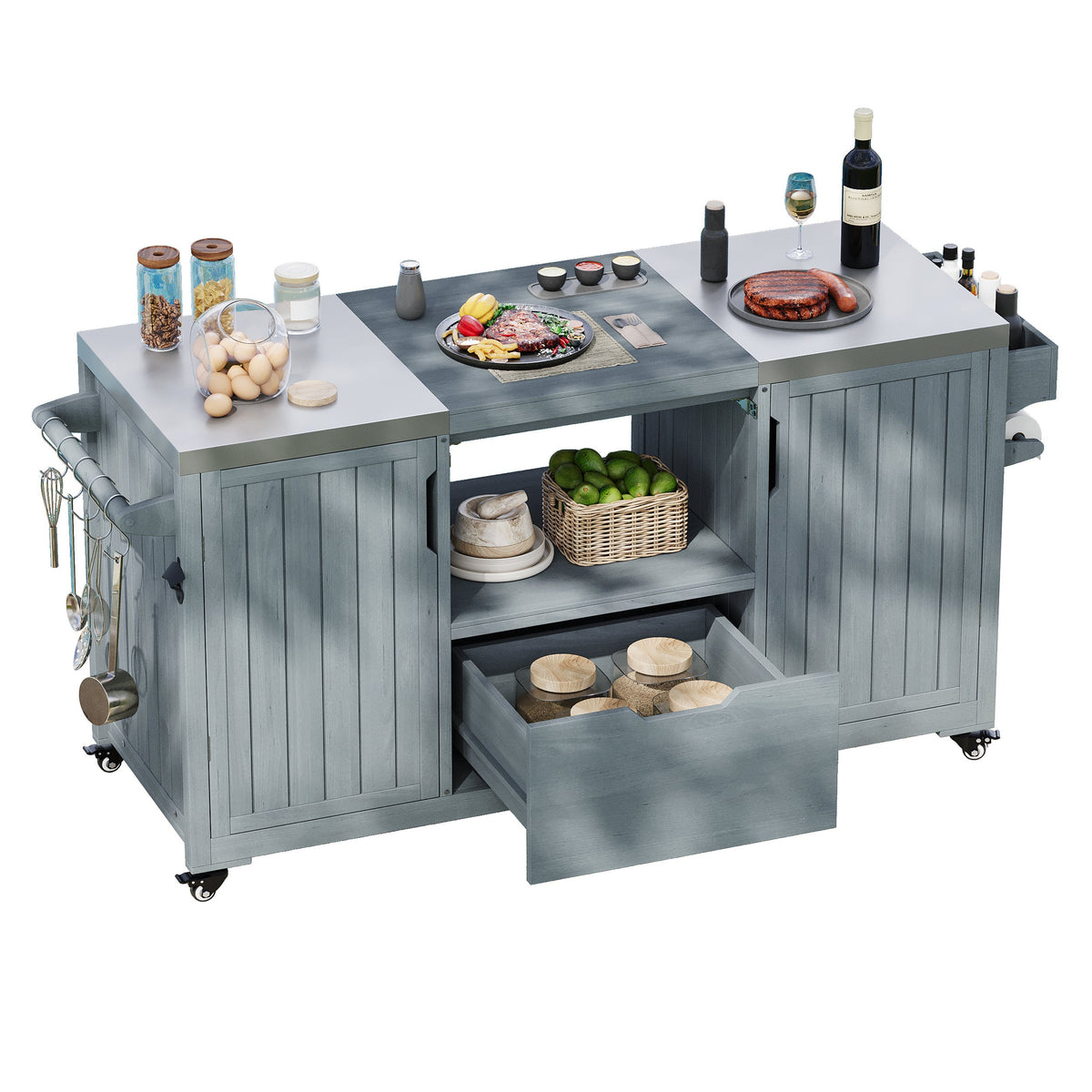 K&K 66.5' Outdoor Kitchen Island for Big Green Egg Grills, Solid Wood Outdoor Grill Cart for Tabletop Grill with Stainless Steel Top, Drawer, Compatible with Large Big Green Egg, Kamado Joe- Grey Blue