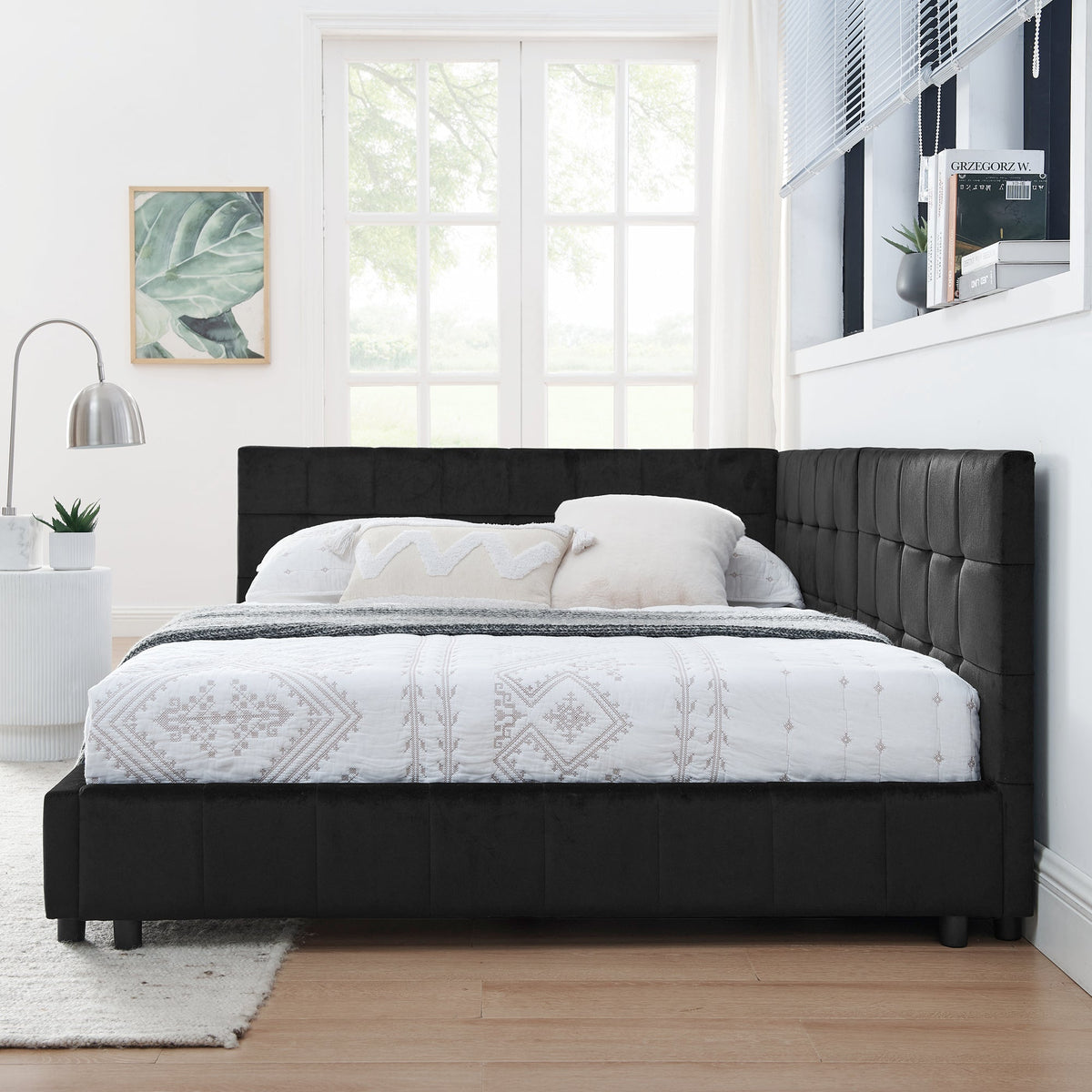 Mid-Century Full Size Upholstered Tufted Bed Frame with Comfortable Backrest and Armrests, Velvet, Black