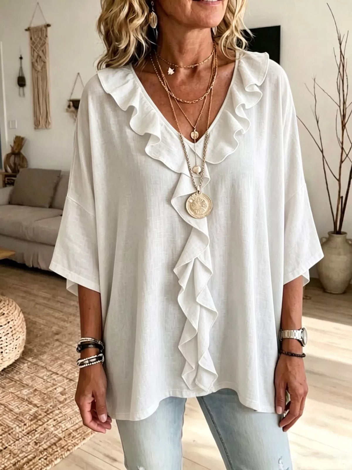 Full Size Ruffle V-Neck 3/4 Sleeve Blouse Plus Size