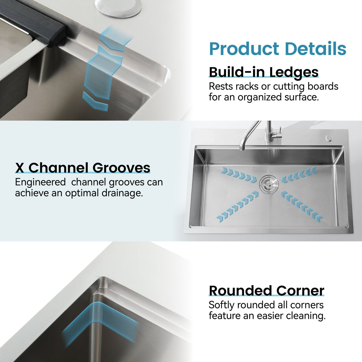 Stainless Steel Kitchen Sink, 36″x22″ Single Bowl, Overmount Handmade Sink in Brushed, with Cutting Board, Colander, Grid, SS-BR01-362208