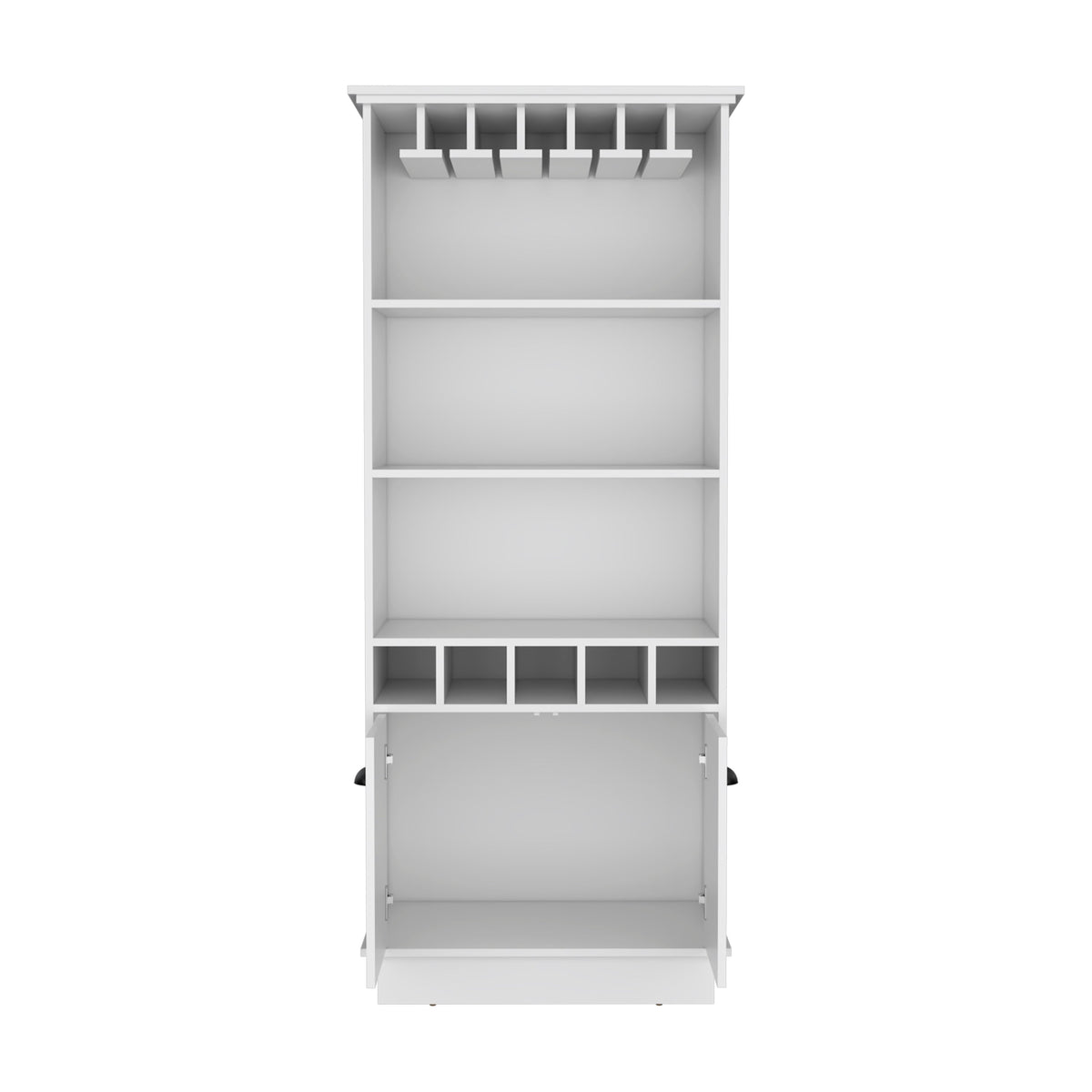 70'H Bar Cabinet with Wine Rack, Upper Glass Cabinet, three Open Storage Shelves and One Cabinet,White
