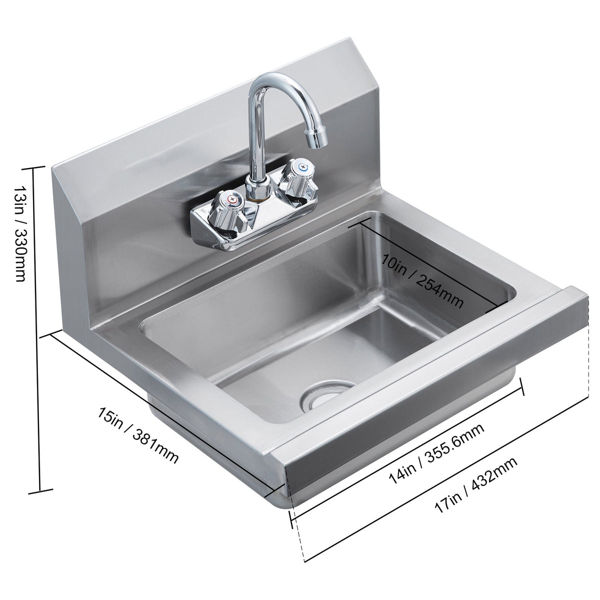 Commercial Hand Sink with Faucet, Stainless Steel Sink for Washing, Small Hand Washing Sink, Wall Mount Hand Basin, Utility Sink for Restaurant, Kitchen, Bar, Garage and Home, 17 x 12.8 inch