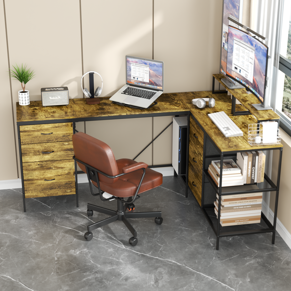 Industrial L-Shaped Computer Desk with Power Outlets & USB-C, Rustic Brown Metal Frame, 6 Fabric Drawers, 3 Open Shelves, Movable Monitor Stands, 114 Inch Corner Office Desk for Gaming and Work
