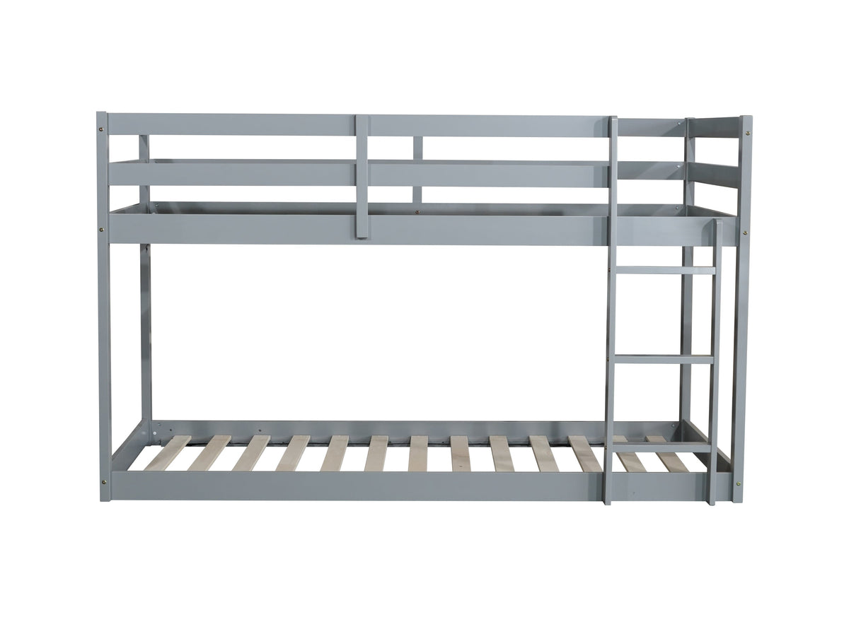 Solid Wooden , Solid Rubber Wooden Twin over Twin Floor Bunk Bed with Ladder ,Upper and Bottom Bed Platforms crafted with Strengthened Slats ,Grey