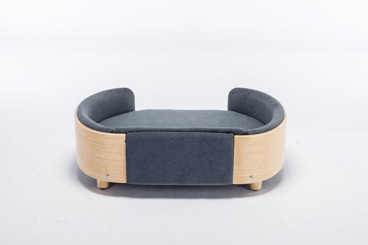 Scandinavian style Elevated Dog Bed Pet Sofa With Solid Wood legs and Bent Wood Back, Velvet Cushion,Mid Size,Dark Grey