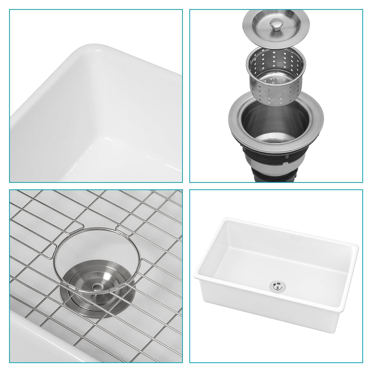 White Fireclay Rectangular Deep Single Bowl Sink 32x19x10 Inch Undermount Top Mount Porcelain Kitchen Sink