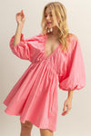 Plunge Balloon Sleeve Poplin Mini Dress with Pockets –Bold, Chic, Sexy and Trendy Plunge Neckline Dress with Balloon Sleeves and Functional Pockets