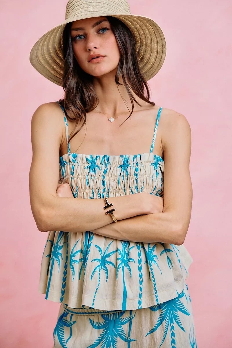 SO ME Palm Tree Smocked Bodice Adjustable Cami Top