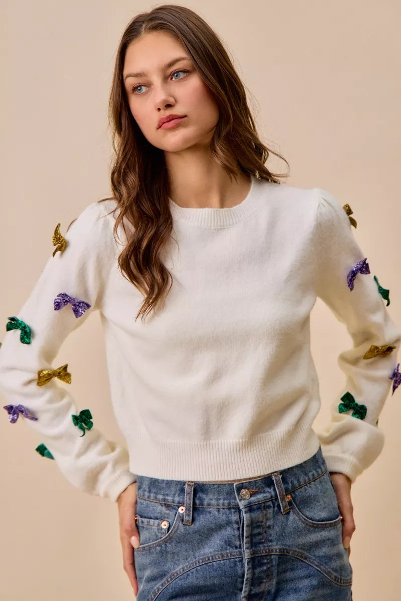 SO ME Mardi Gras Glitter Bow Ribbon Sweater Knit Top